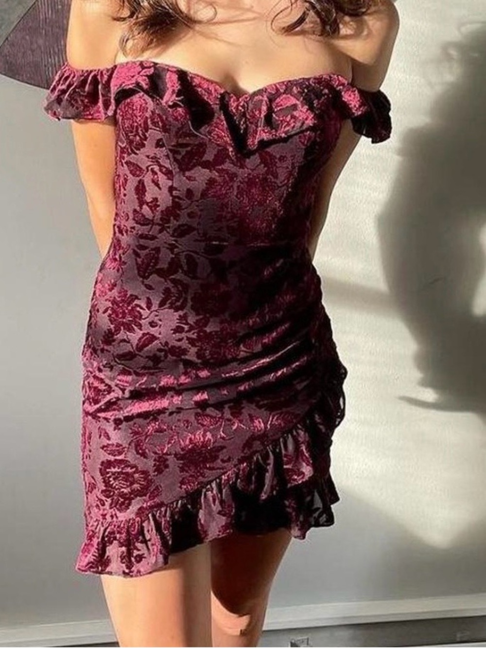 City Studio Maroon & Black Velvet Floral Mini Dress